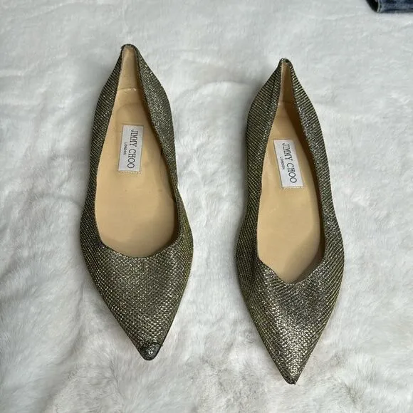 JIMMY CHOO ALINA Lame Glitter Light Bronze Ballet Flats Size 37 / US 7