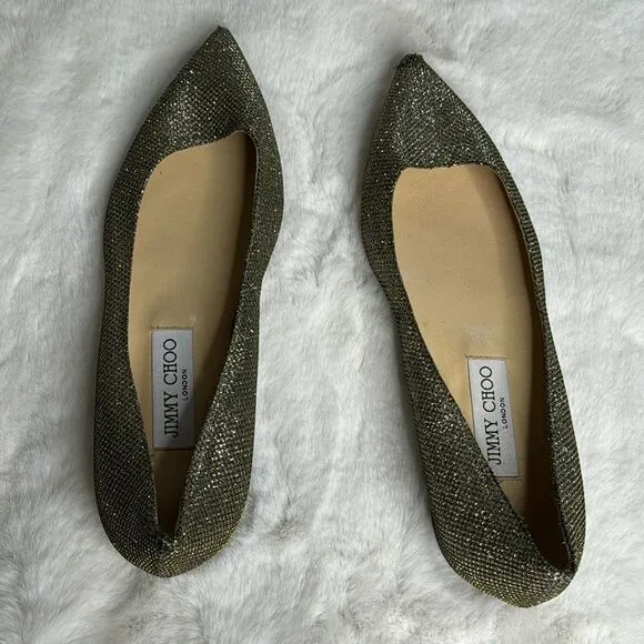 JIMMY CHOO ALINA Lame Glitter Light Bronze Ballet Flats Size 37 / US 7