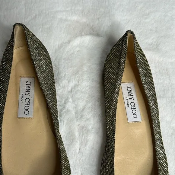 JIMMY CHOO ALINA Lame Glitter Light Bronze Ballet Flats Size 37 / US 7