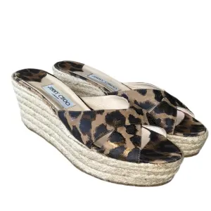 Jimmy Choo Leopard Print Metallic Platform Wedge Espadrille Sandals Mules - 11
