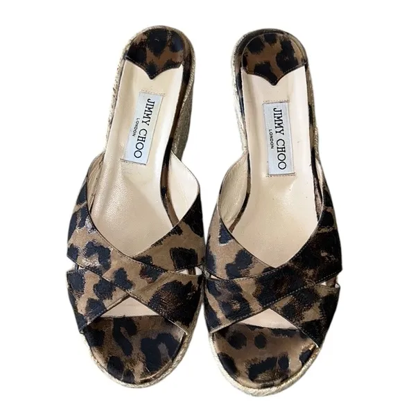 Jimmy Choo Leopard Print Metallic Platform Wedge Espadrille Sandals Mules - 11