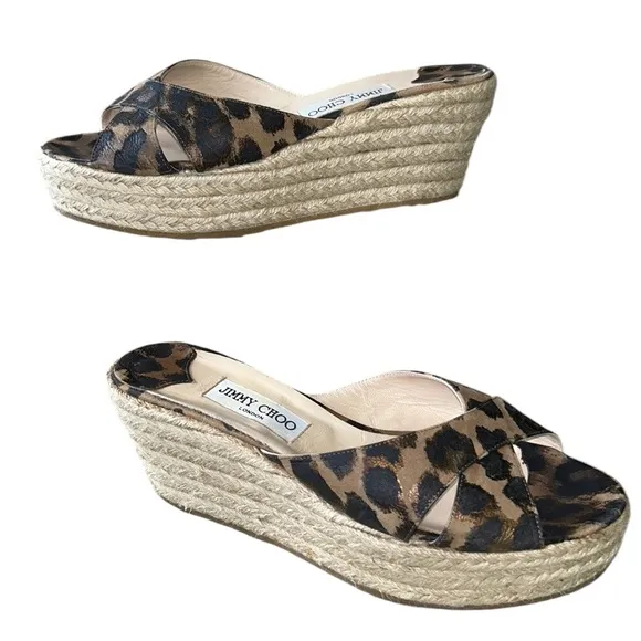Jimmy Choo Leopard Print Metallic Platform Wedge Espadrille Sandals Mules - 11