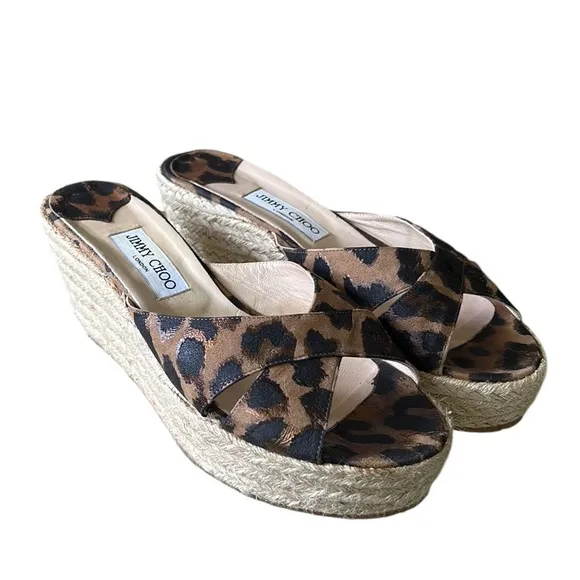 Jimmy Choo Leopard Print Metallic Platform Wedge Espadrille Sandals Mules - 11