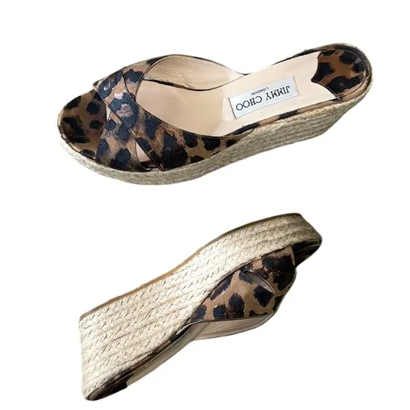 Jimmy Choo Leopard Print Metallic Platform Wedge Espadrille Sandals Mules - 11