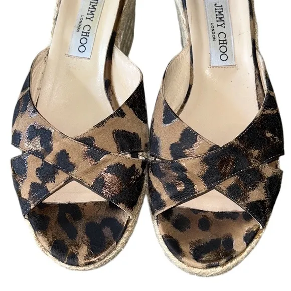Jimmy Choo Leopard Print Metallic Platform Wedge Espadrille Sandals Mules - 11