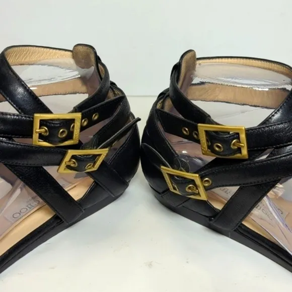 Jimmy Choo London black strappy gladiator wedge flat sandals womans size 9.5