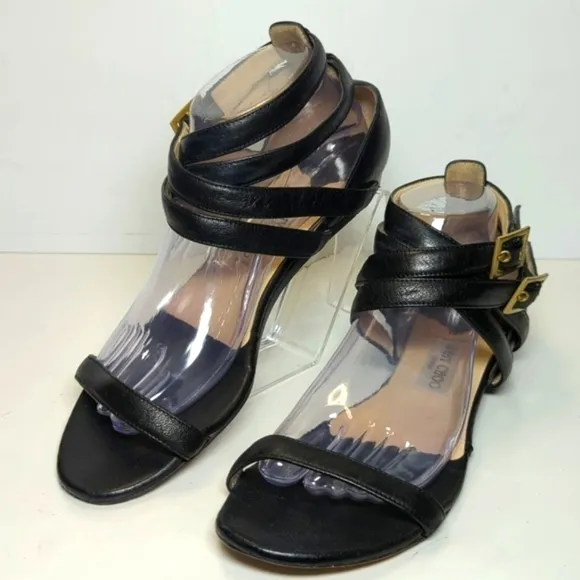 Jimmy Choo London black strappy gladiator wedge flat sandals womans size 9.5