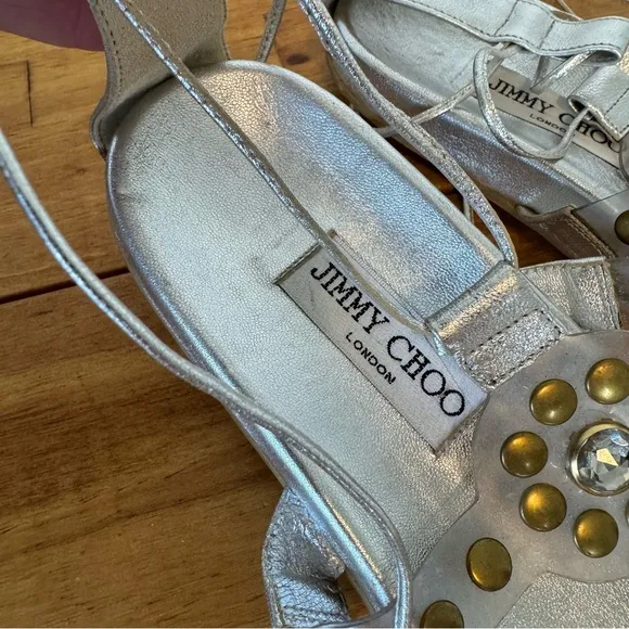 Jimmy Choo Silver Leather Jeweled Gladiator Wrap Around Flat Sandals Size 37