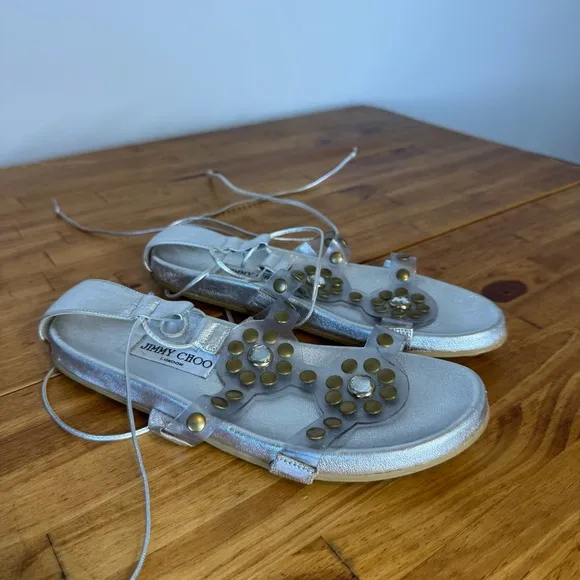 Jimmy Choo Silver Leather Jeweled Gladiator Wrap Around Flat Sandals Size 37