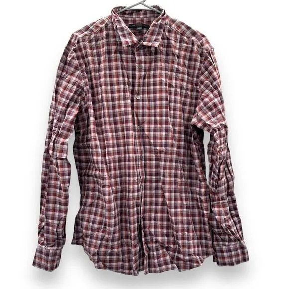 John Varvatos Red &amp; White Plaid Long Sleeve Button Down Shirt Size‎ XL