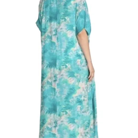 Johnny Was Calme Dress V-Neck Kaftan Maxi Turquoise Tie Dye Size Small / Medium