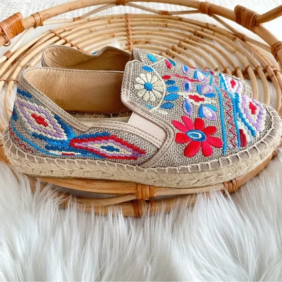 Johnny Was Nepentha Multi Espadrille Flats Jute Platform Floral Embroidery 38