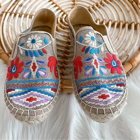 Johnny Was Nepentha Multi Espadrille Flats Jute Platform Floral Embroidery 38