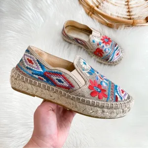 Johnny Was Nepentha Multi Espadrille Flats Jute Platform Floral Embroidery 38