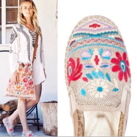 Johnny Was Nepentha Multi Espadrille Flats Jute Platform Floral Embroidery 38