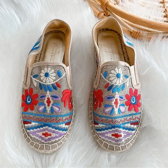 Johnny Was Nepentha Multi Espadrille Flats Jute Platform Floral Embroidery 38