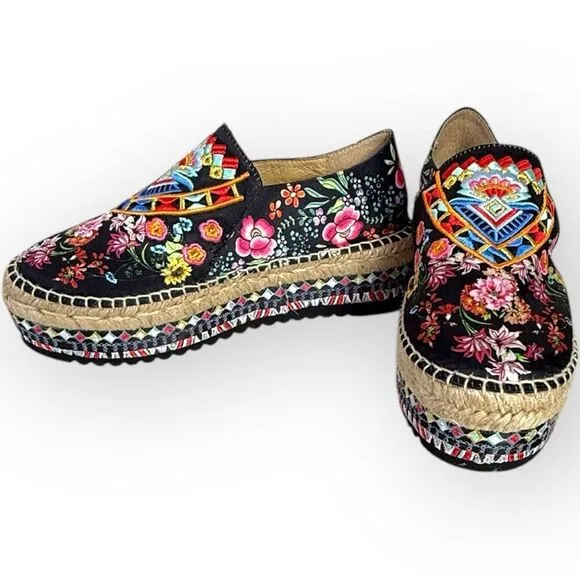 Johnny Was Joshua Platform Embroidered Espadrille 37 (Fits 6-6.5)