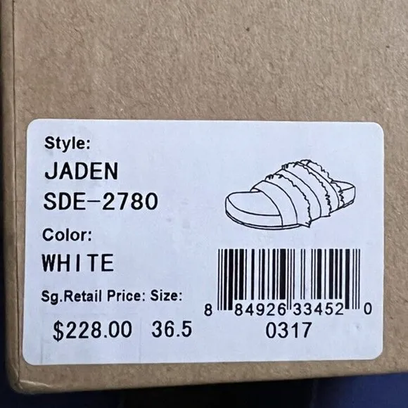 Joie Women's Jaden Slide Flat Sandals White Leather Denim Fringe Frayed 36.5 6.5
