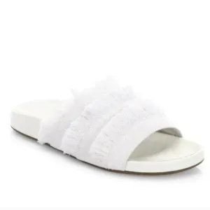 Joie Women's Jaden Slide Flat Sandals White Leather Denim Fringe Frayed 36.5 6.5