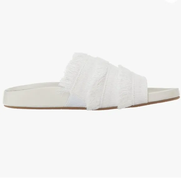 Joie Women's Jaden Slide Flat Sandals White Leather Denim Fringe Frayed 36.5 6.5