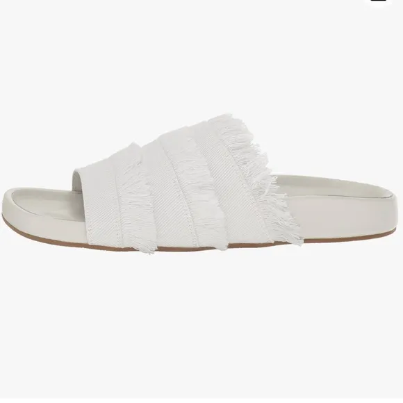 Joie Women's Jaden Slide Flat Sandals White Leather Denim Fringe Frayed 36.5 6.5