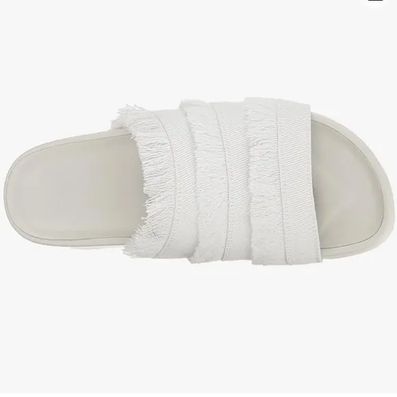 Joie Women's Jaden Slide Flat Sandals White Leather Denim Fringe Frayed 36.5 6.5