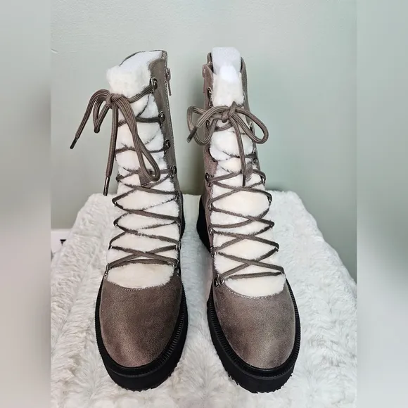 Journee Collection Womens KANNON Lace Up Vegan Fur Winter &amp; Snow Boots TAUPE 7.5