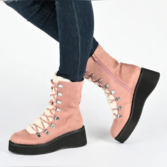 Journee Collection Womens KANNON Lace Up Vegan Fur Winter &amp; Snow Boots TAUPE 7.5