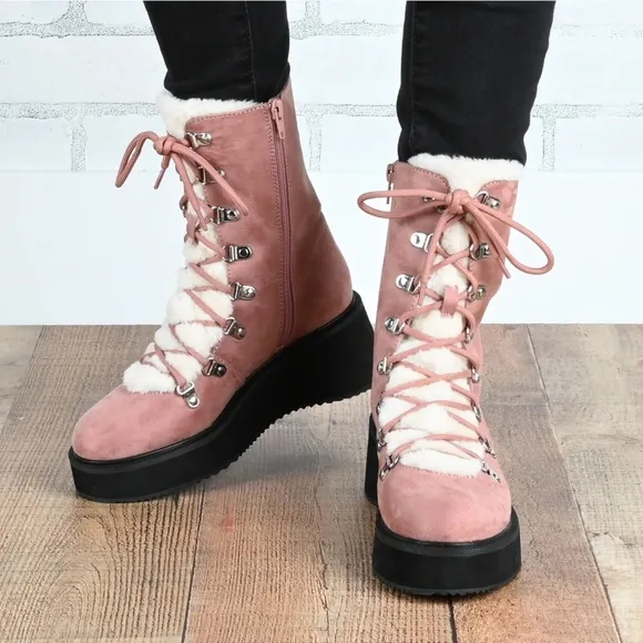 Journee Collection Womens KANNON Lace Up Vegan Fur Winter &amp; Snow Boots TAUPE 7.5