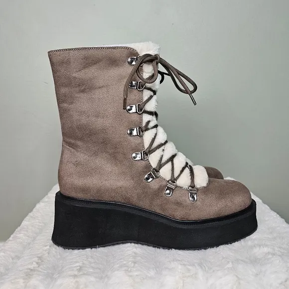 Journee Collection Womens KANNON Lace Up Vegan Fur Winter &amp; Snow Boots TAUPE 7.5