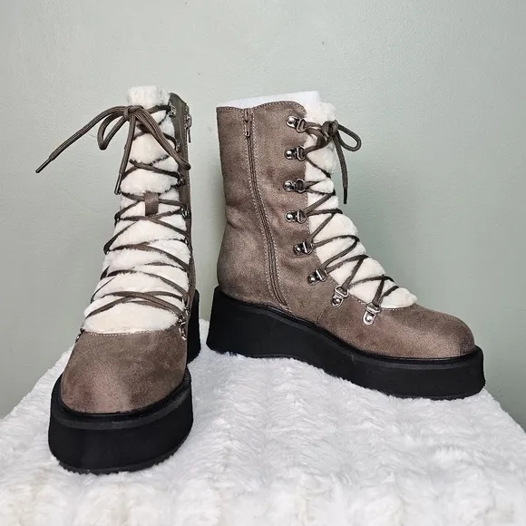 Journee Collection Womens KANNON Lace Up Vegan Fur Winter &amp; Snow Boots TAUPE 7.5