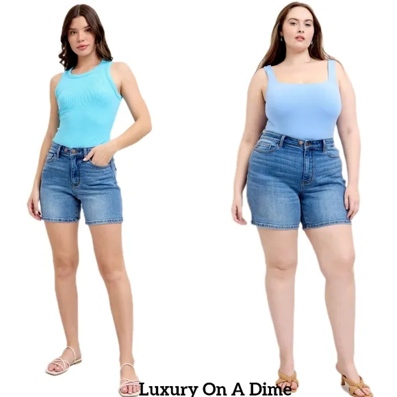 Judy Blue Adjustable High Rise Double Button Denim Mid-length Jean Shorts