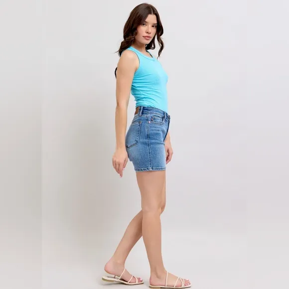 Judy Blue Adjustable High Rise Double Button Denim Mid-length Jean Shorts