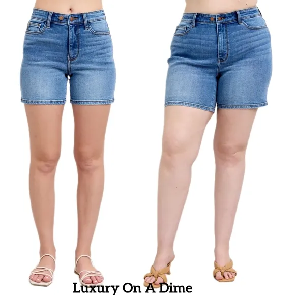Judy Blue Adjustable High Rise Double Button Denim Mid-length Jean Shorts