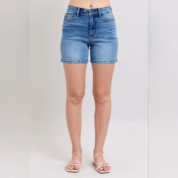 Judy Blue Adjustable High Rise Double Button Denim Mid-length Jean Shorts