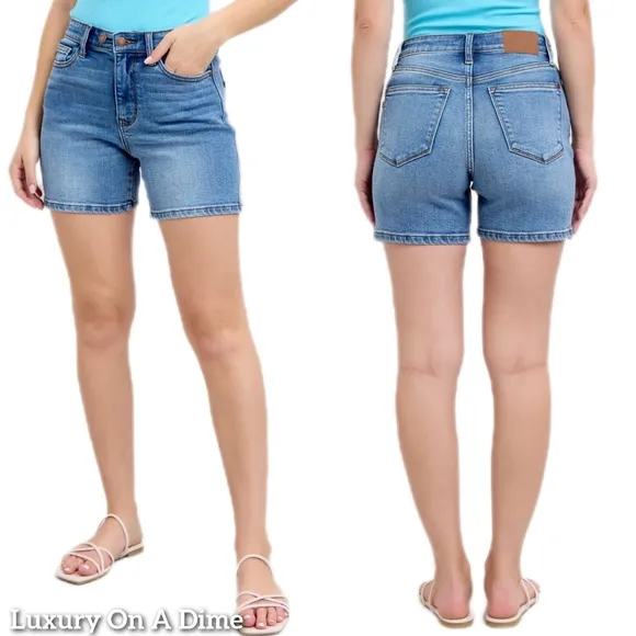 Judy Blue Adjustable High Rise Double Button Denim Mid-length Jean Shorts