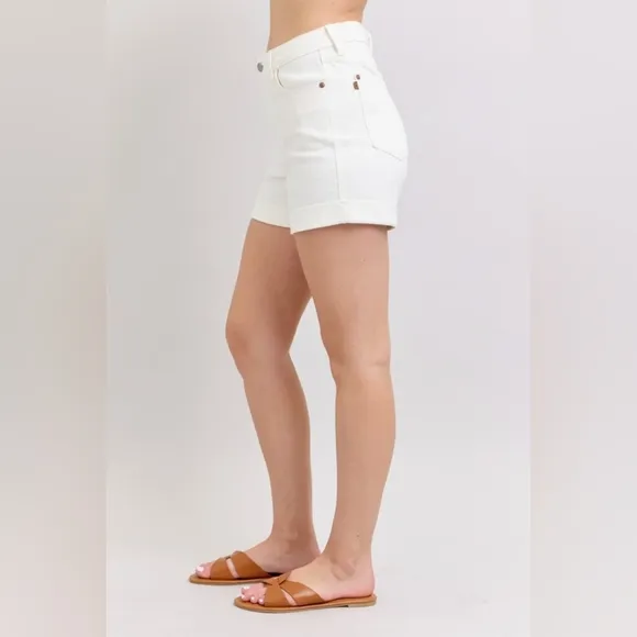 Judy Blue High Rise Tummy Control Rolled Cuffed Boyfriend Jean White Denim Short