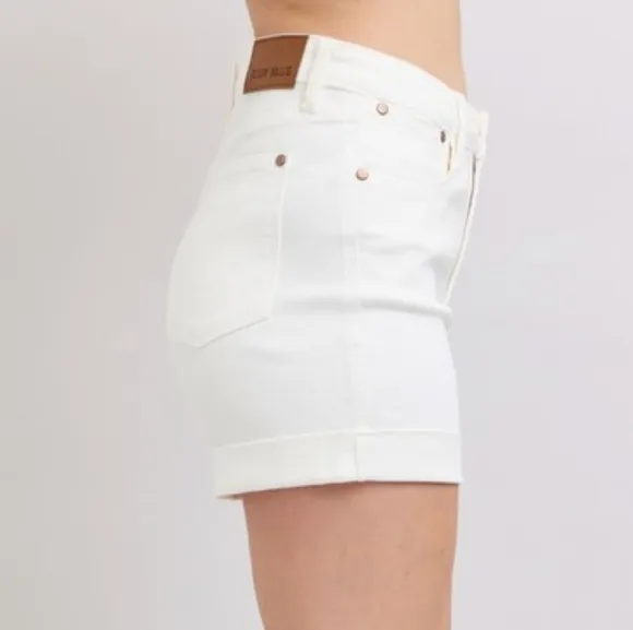 Judy Blue High Rise Tummy Control Rolled Cuffed Boyfriend Jean White Denim Short