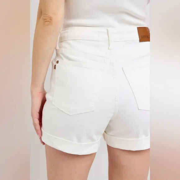 Judy Blue High Rise Tummy Control Rolled Cuffed Boyfriend Jean White Denim Short