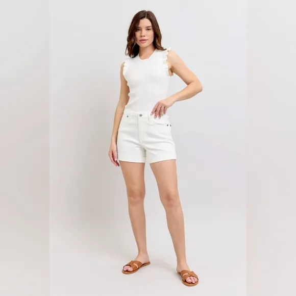 Judy Blue High Rise Tummy Control Rolled Cuffed Boyfriend Jean White Denim Short