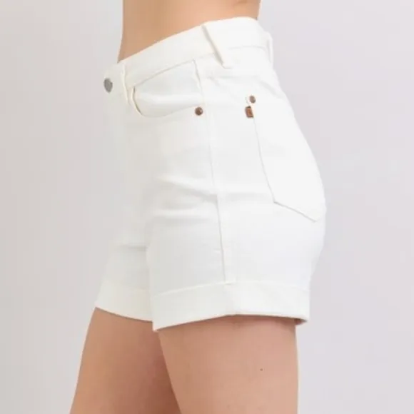 Judy Blue High Rise Tummy Control Rolled Cuffed Boyfriend Jean White Denim Short