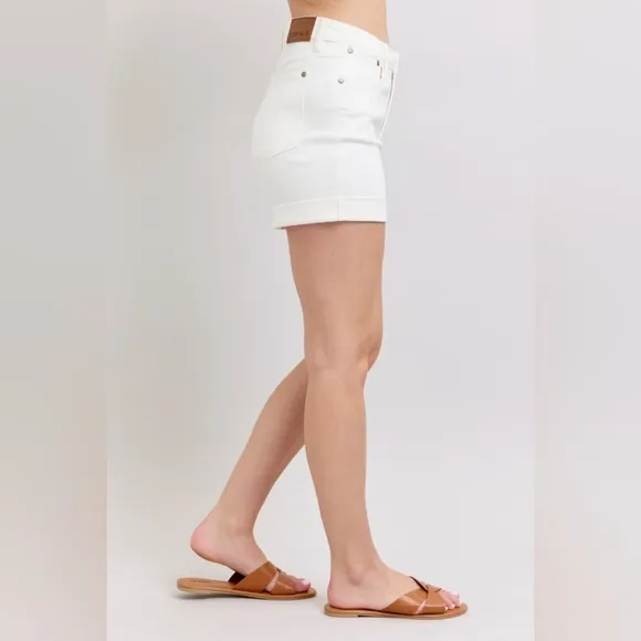 Judy Blue High Rise Tummy Control Rolled Cuffed Boyfriend Jean White Denim Short