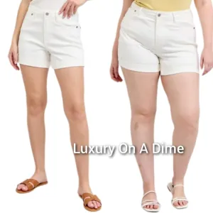 Judy Blue High Rise Tummy Control Rolled Cuffed Boyfriend Jean White Denim Short