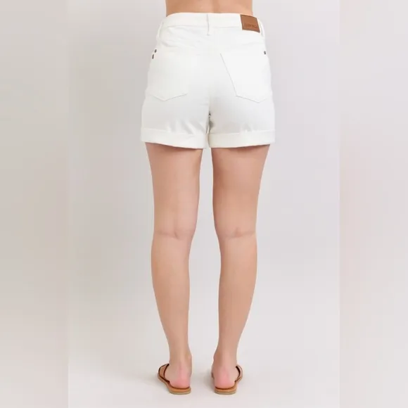 Judy Blue High Rise Tummy Control Rolled Cuffed Boyfriend Jean White Denim Short