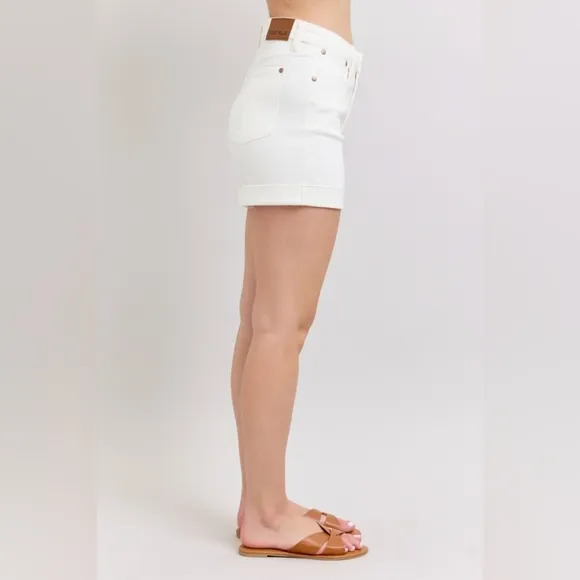 Judy Blue High Rise Tummy Control Rolled Cuffed Boyfriend Jean White Denim Short