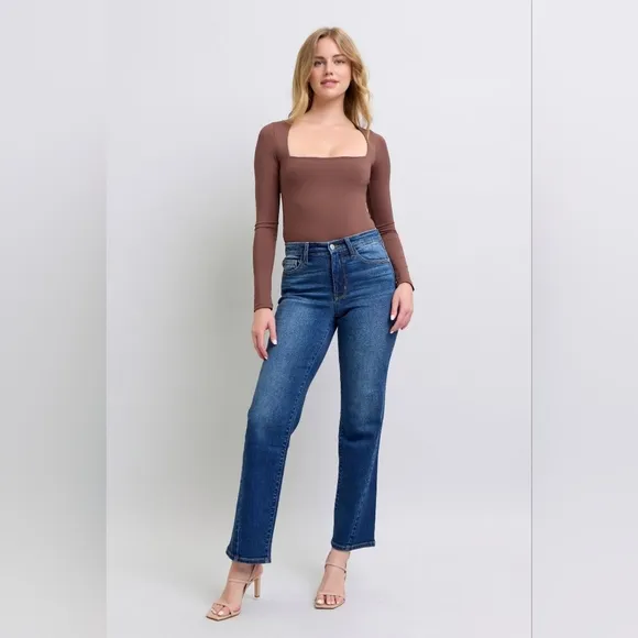 Judy Blue High-Rise Waist Straight Leg Denim Pants Wrap Side Seam Slim Fit Jeans