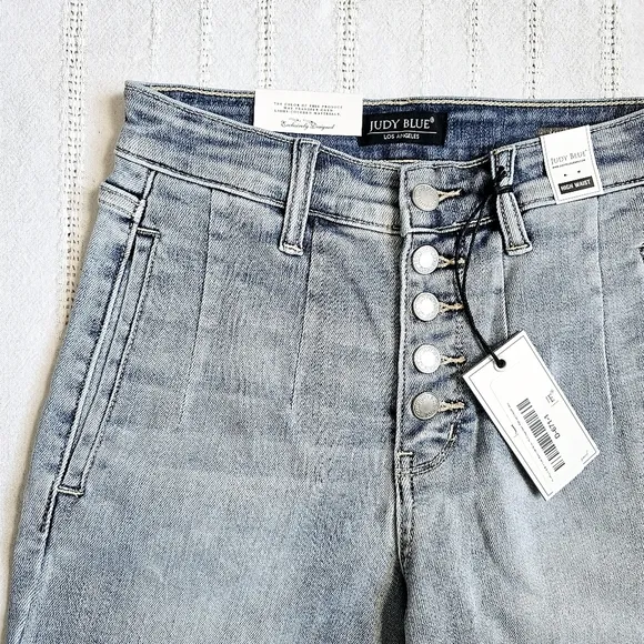 Judy Blue HR Vintage Wash Button Fly Pleated Wide Leg Cropped Jeans 1/25 NWT