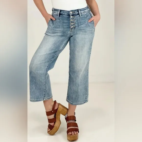 Judy Blue HR Vintage Wash Button Fly Pleated Wide Leg Cropped Jeans 1/25 NWT