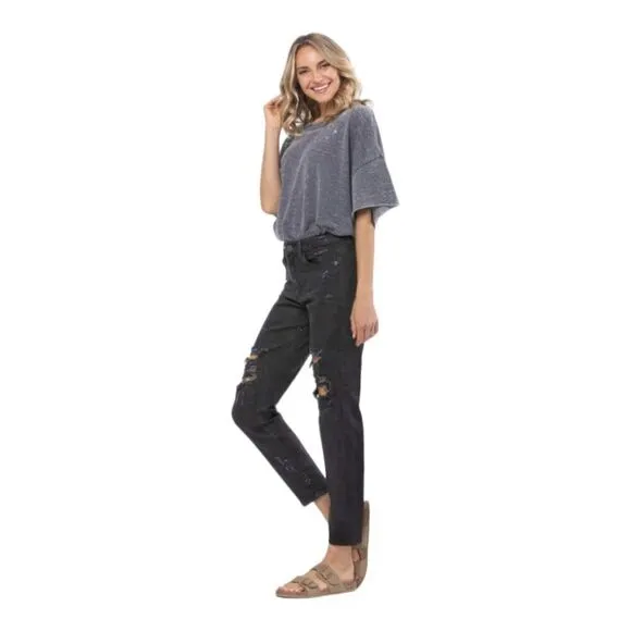 JUDY BLUE Plus Size Black High Waist Destroyed Boyfriend Jeans NWT