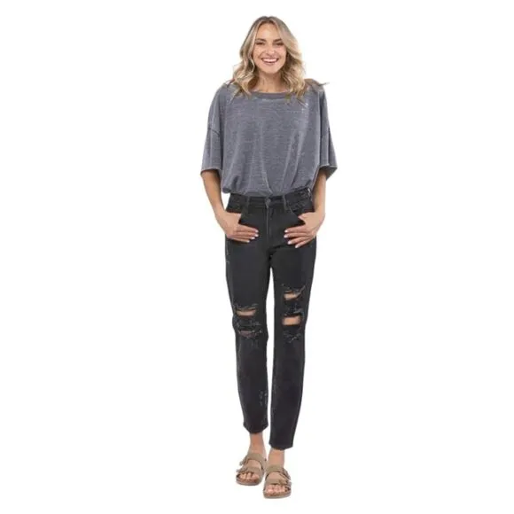 JUDY BLUE Plus Size Black High Waist Destroyed Boyfriend Jeans NWT